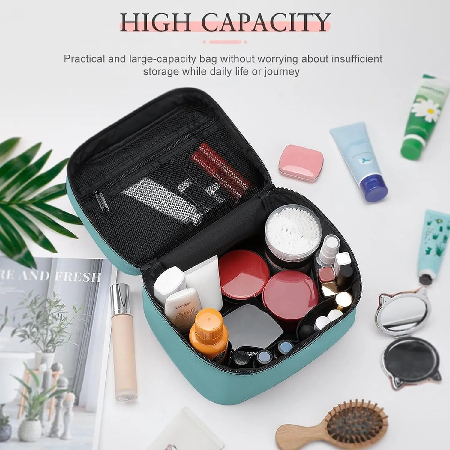 Leather Cosmetic Case, Blue Modern Trendy Chic Portable Makeup Bag Organizer Large Capacity Travel Toiletry Bag with Zipper