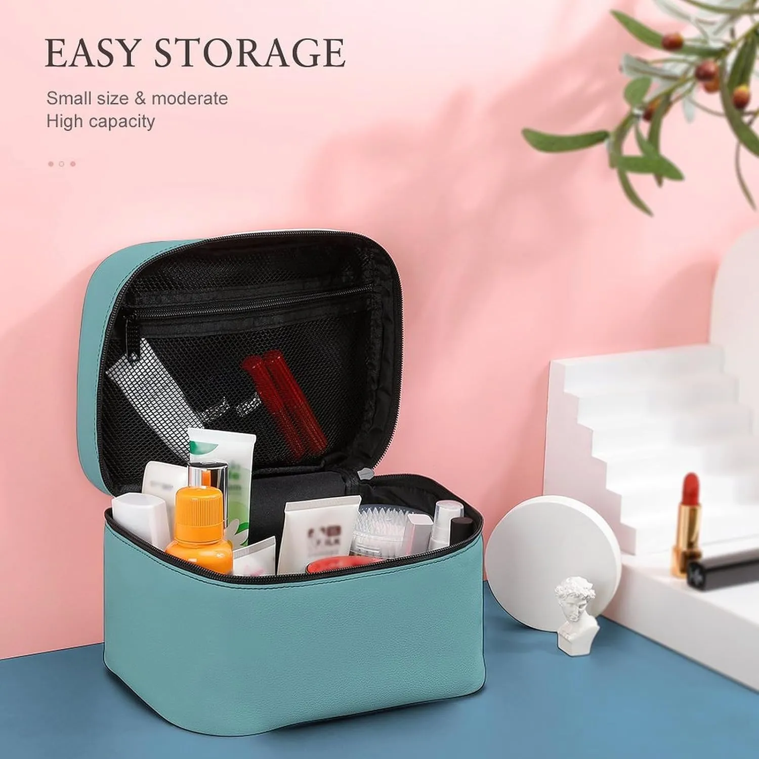 Leather Cosmetic Case, Blue Modern Trendy Chic Portable Makeup Bag Organizer Large Capacity Travel Toiletry Bag with Zipper