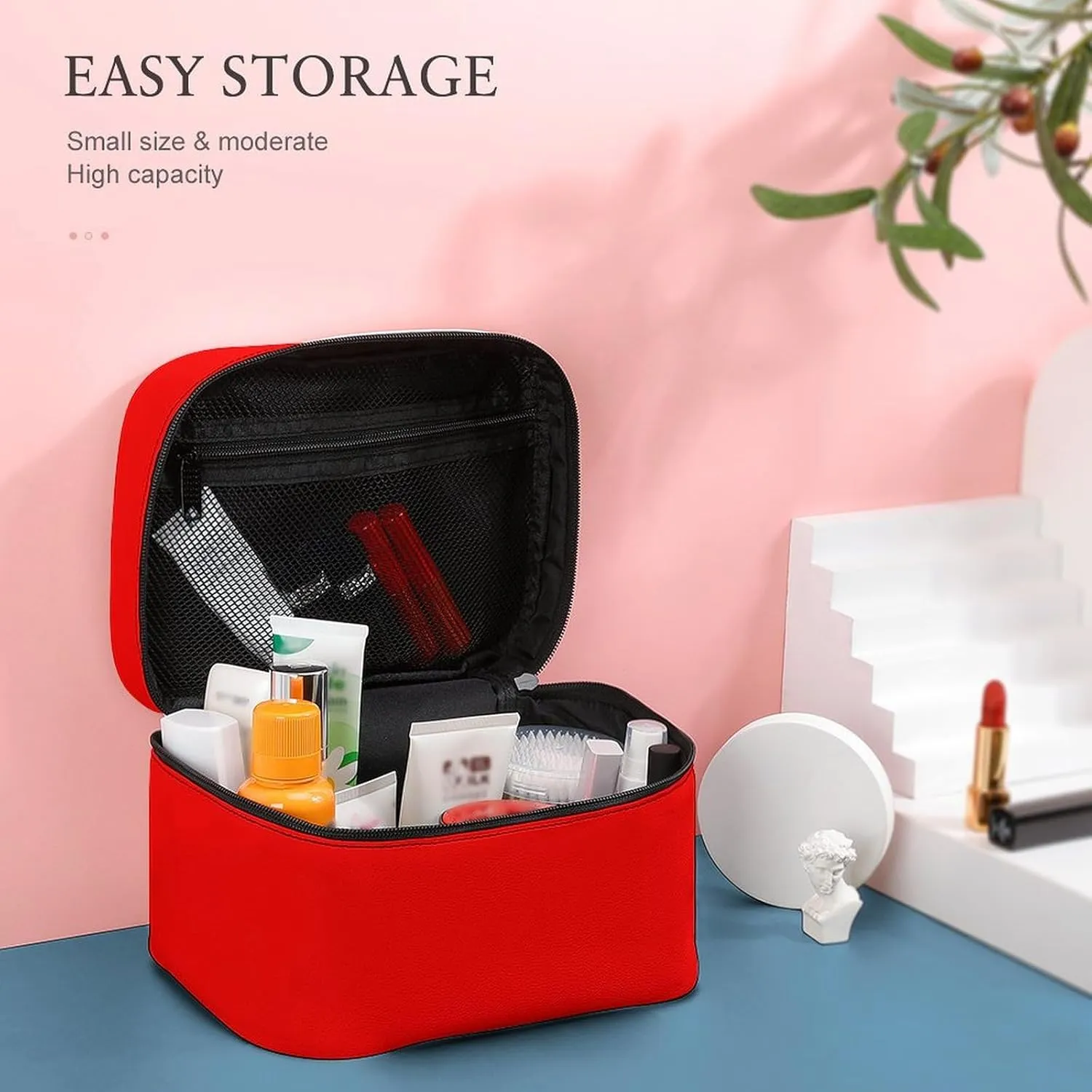 Leather Cosmetic Case, Bright Red Portable Makeup Bag Organizer Large Capacity Travel Toiletry Bag with Zipper