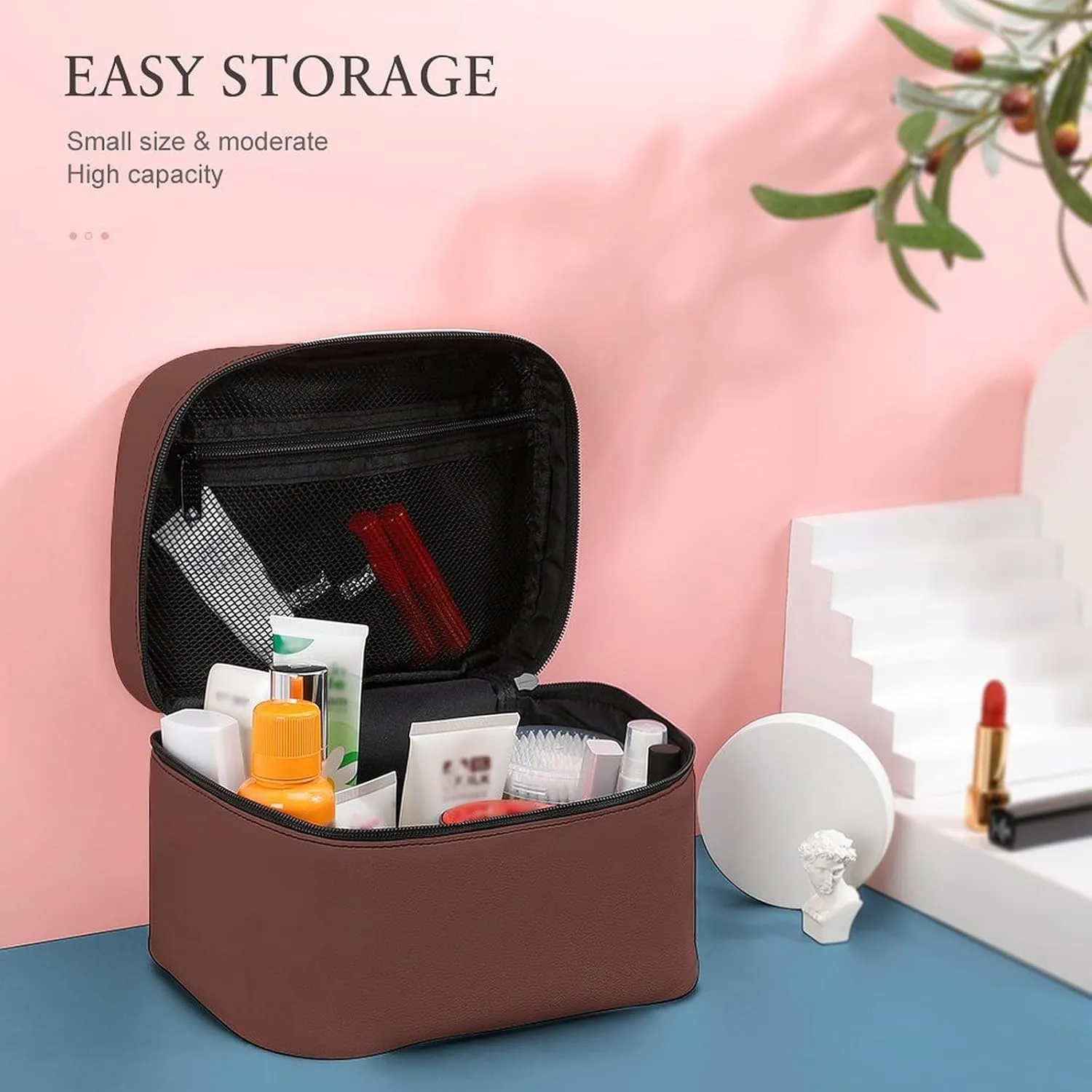 Leather Cosmetic Case, Brown Solid Color Portable Makeup Bag Organizer Large Capacity Travel Toiletry Bag with Zipper