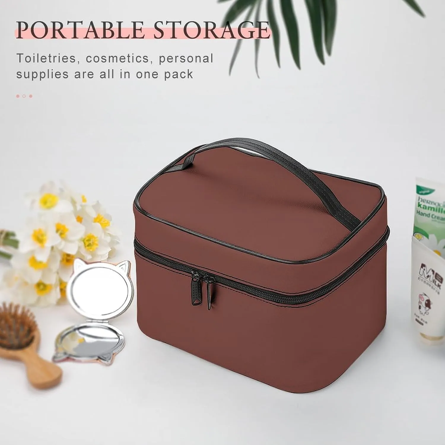 Leather Cosmetic Case, Brown Solid Color Portable Makeup Bag Organizer Large Capacity Travel Toiletry Bag with Zipper