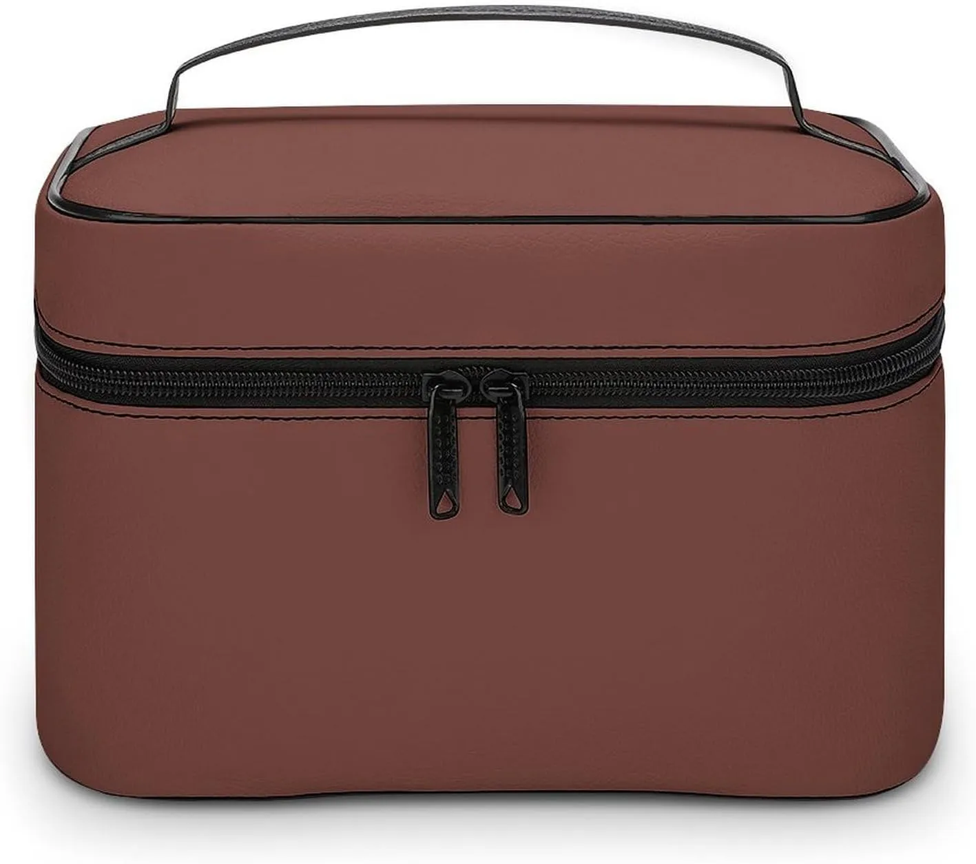 Leather Cosmetic Case, Brown Solid Color Portable Makeup Bag Organizer Large Capacity Travel Toiletry Bag with Zipper