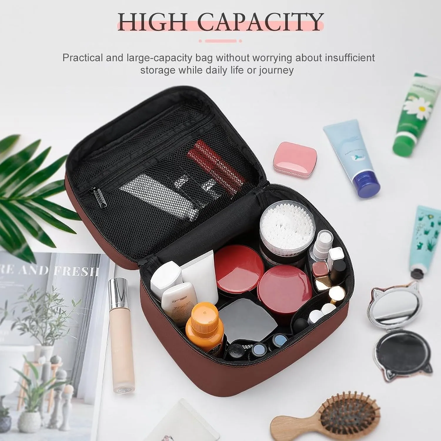 Leather Cosmetic Case, Brown Solid Color Portable Makeup Bag Organizer Large Capacity Travel Toiletry Bag with Zipper