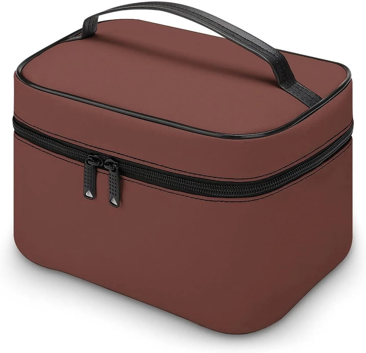 Leather Cosmetic Case, Brown Solid Color Portable Makeup Bag Organizer Large Capacity Travel Toiletry Bag with Zipper