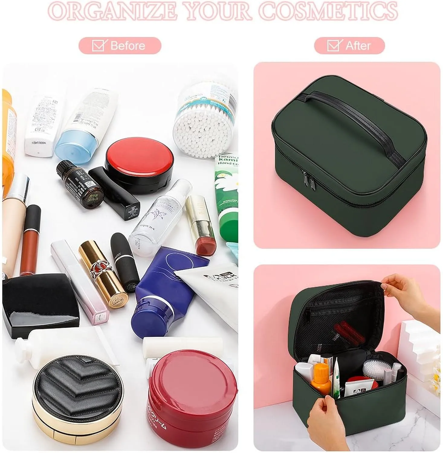 Leather Cosmetic Case, Forest Green Trend Color Portable Makeup Bag Organizer Large Capacity Travel Toiletry Bag with Zipper