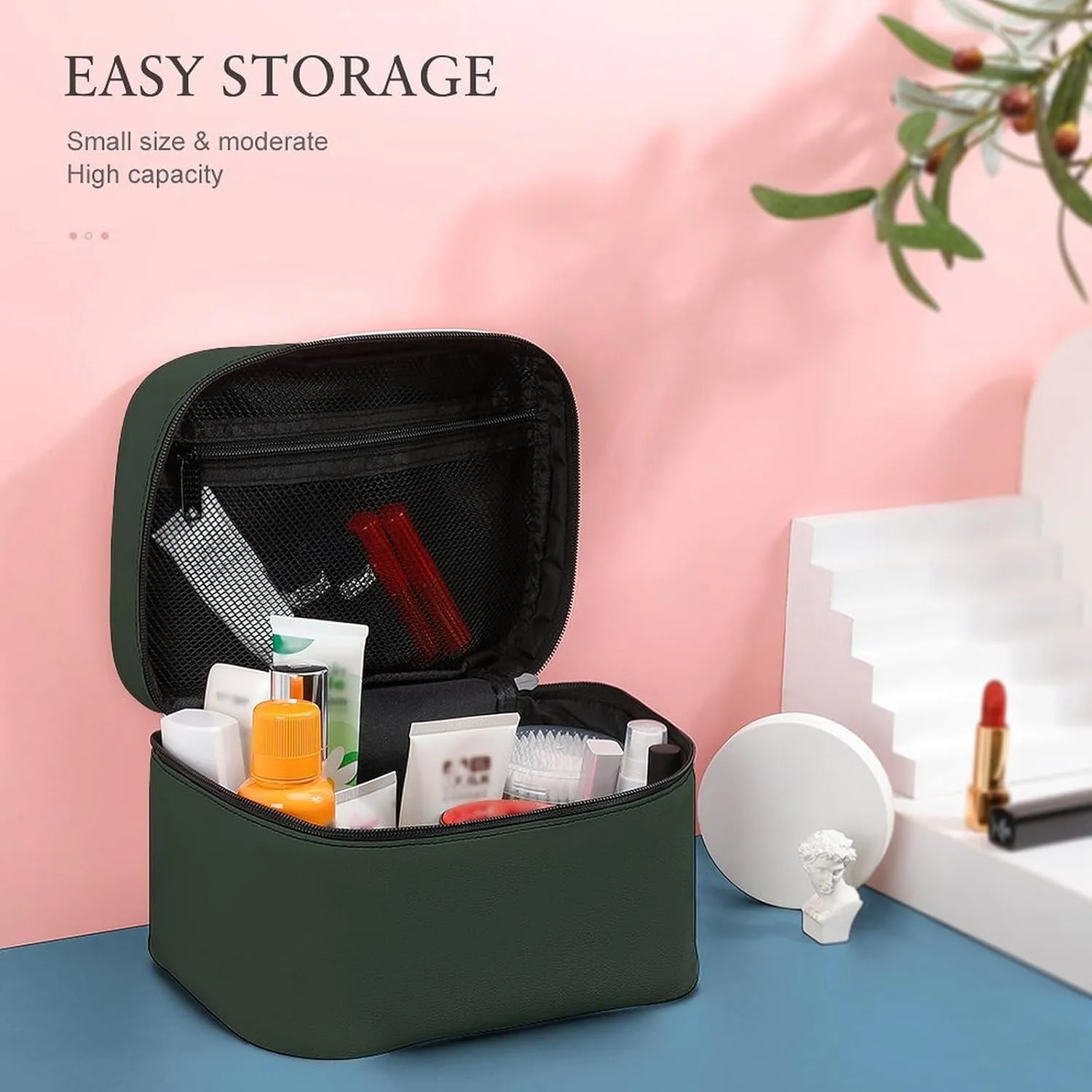 Leather Cosmetic Case, Forest Green Trend Color Portable Makeup Bag Organizer Large Capacity Travel Toiletry Bag with Zipper