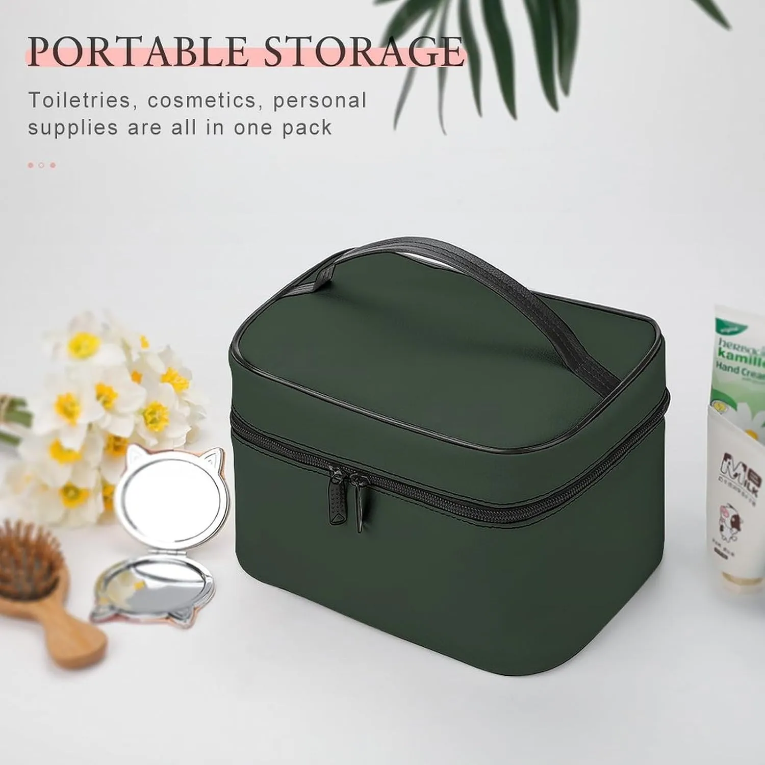Leather Cosmetic Case, Forest Green Trend Color Portable Makeup Bag Organizer Large Capacity Travel Toiletry Bag with Zipper