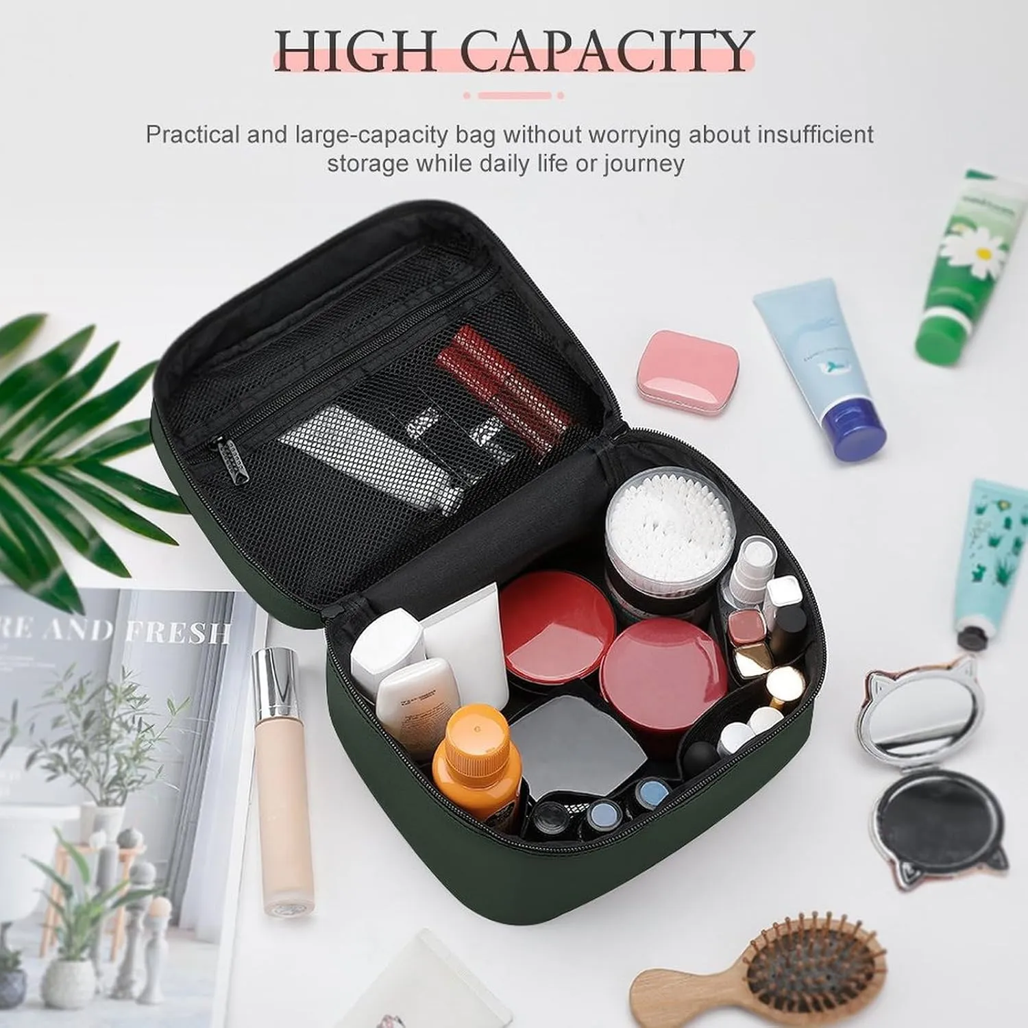Leather Cosmetic Case, Forest Green Trend Color Portable Makeup Bag Organizer Large Capacity Travel Toiletry Bag with Zipper
