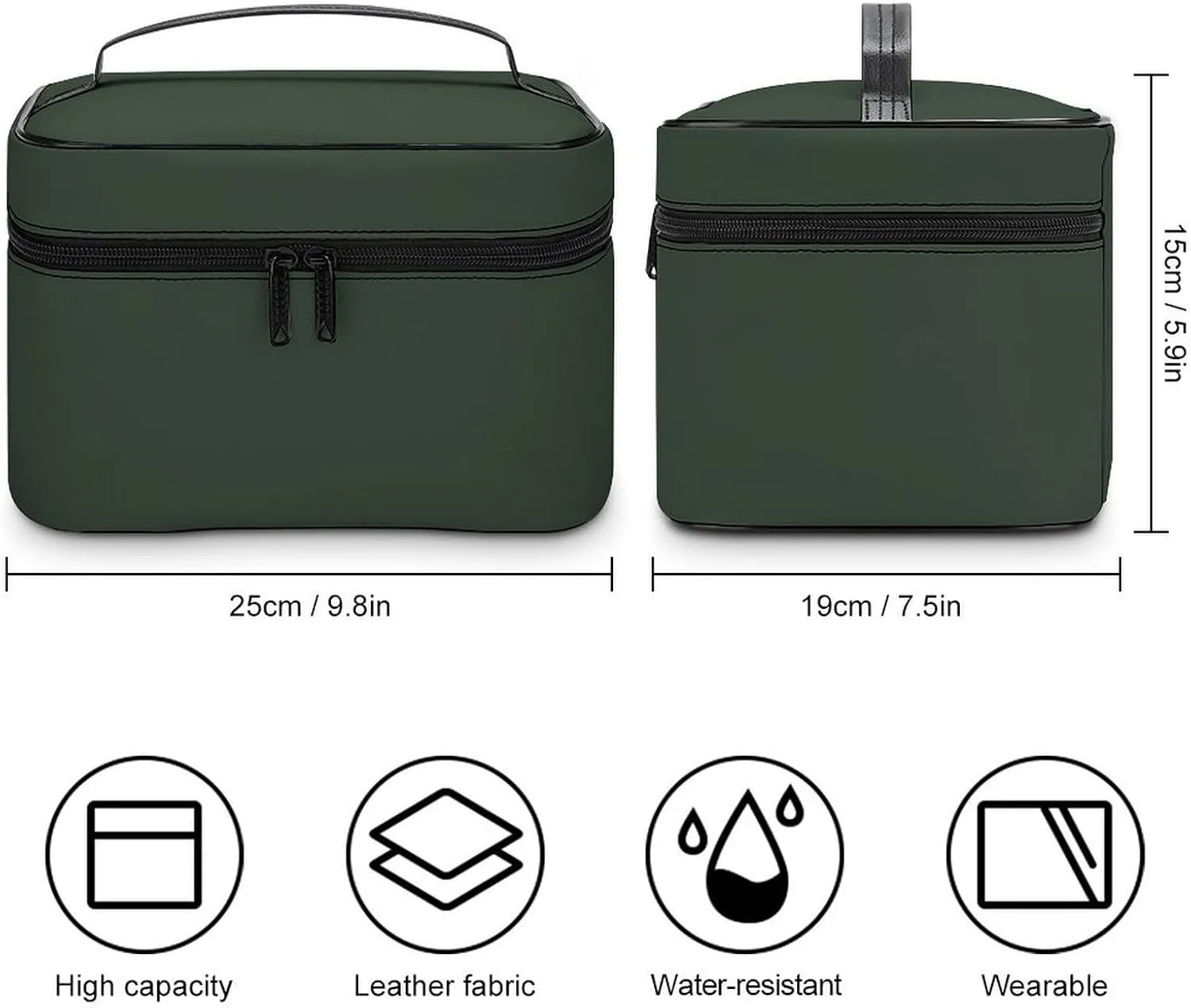 Leather Cosmetic Case, Forest Green Trend Color Portable Makeup Bag Organizer Large Capacity Travel Toiletry Bag with Zipper