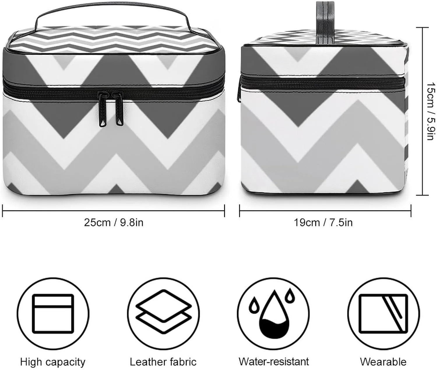 Leather Cosmetic Case, Gray and Charcoal Chevron Portable Makeup Bag Organizer Large Capacity Travel Toiletry Bag with Zipper