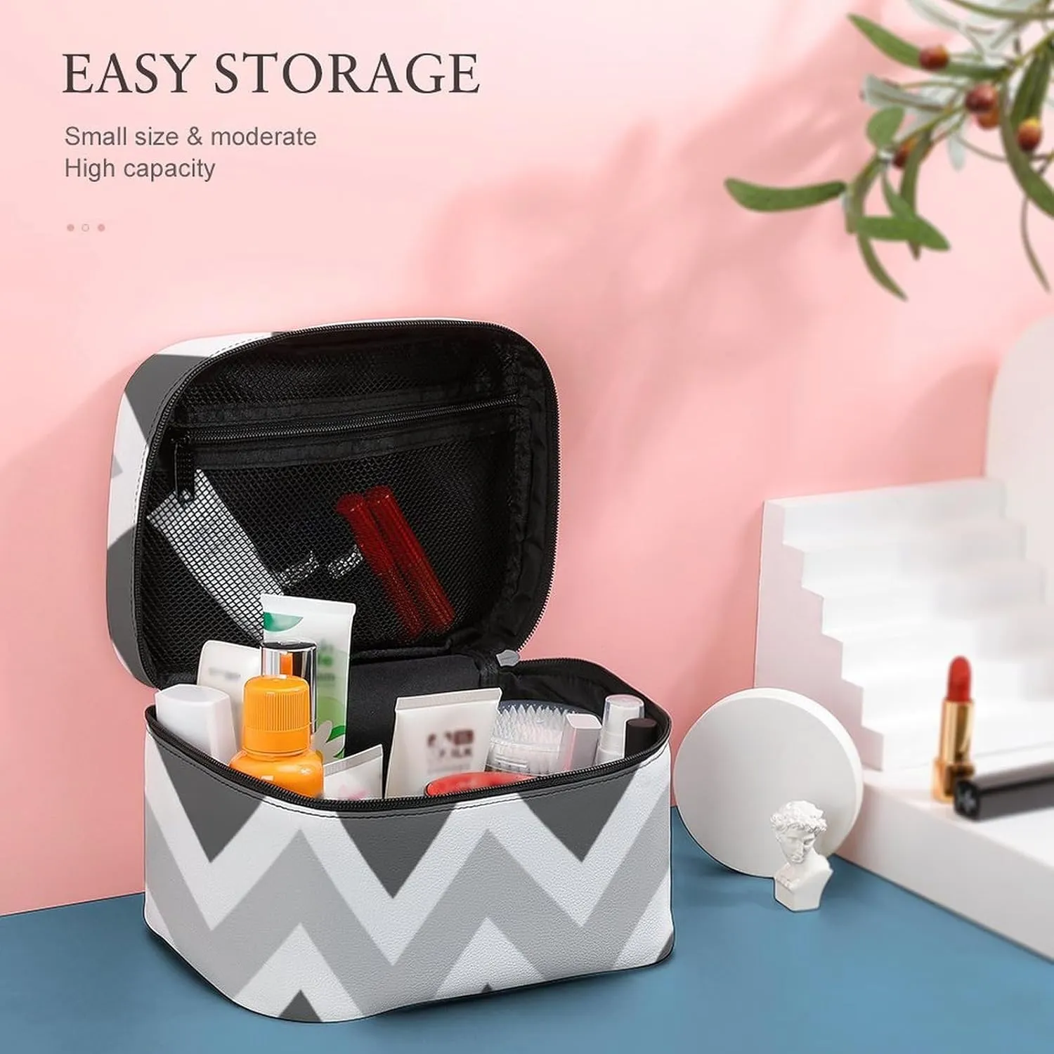Leather Cosmetic Case, Gray and Charcoal Chevron Portable Makeup Bag Organizer Large Capacity Travel Toiletry Bag with Zipper