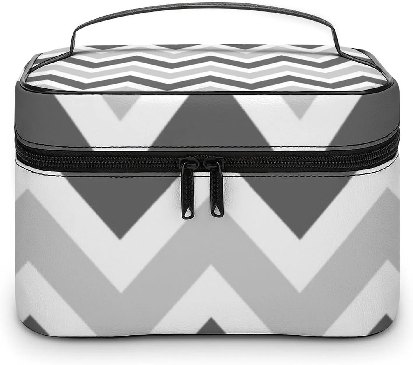 Leather Cosmetic Case, Gray and Charcoal Chevron Portable Makeup Bag Organizer Large Capacity Travel Toiletry Bag with Zipper