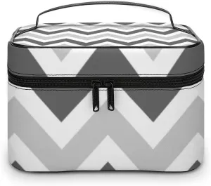 Leather Cosmetic Case, Gray and Charcoal Chevron Portable Makeup Bag Organizer Large Capacity Travel Toiletry Bag with Zipper