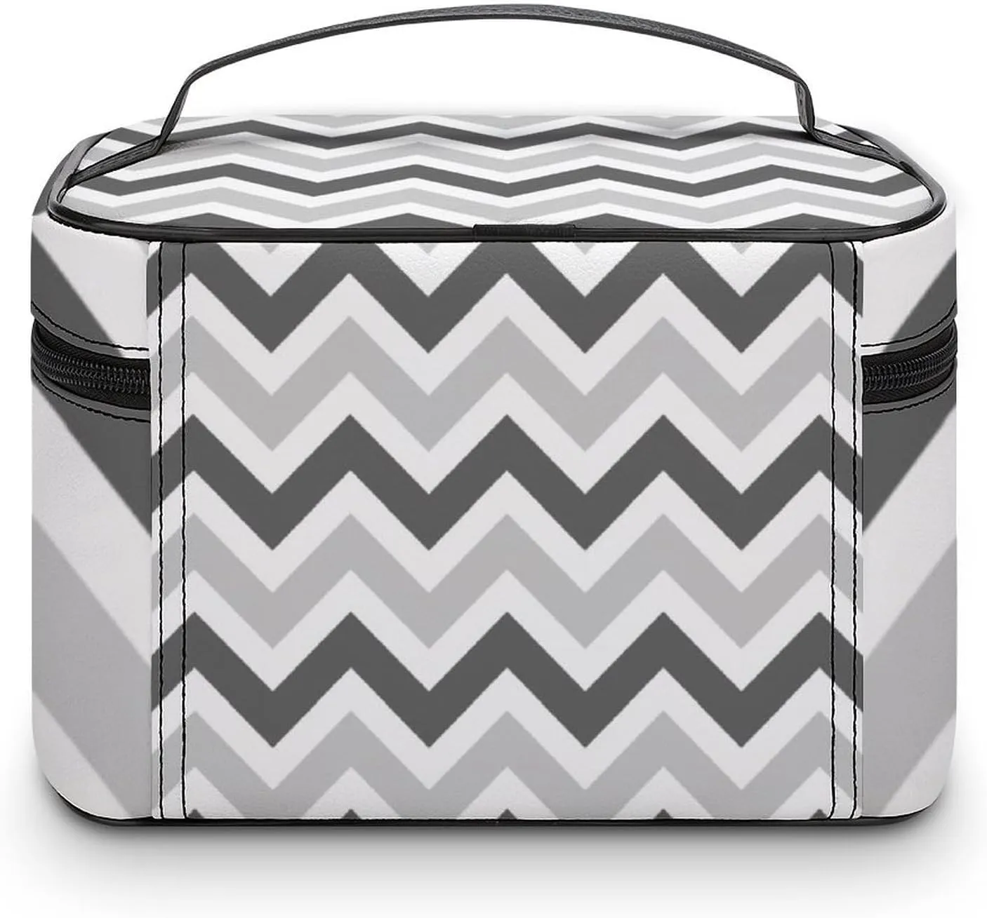 Leather Cosmetic Case, Gray and Charcoal Chevron Portable Makeup Bag Organizer Large Capacity Travel Toiletry Bag with Zipper