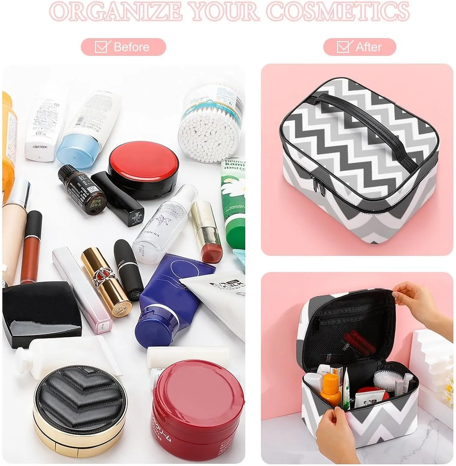 Leather Cosmetic Case, Gray and Charcoal Chevron Portable Makeup Bag Organizer Large Capacity Travel Toiletry Bag with Zipper
