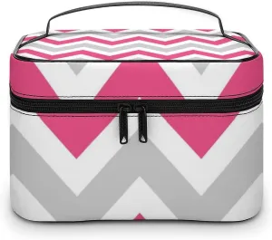 Leather Cosmetic Case, Gray and Hot Pink Chevron Portable Makeup Bag Organizer Large Capacity Travel Toiletry Bag with Zipper