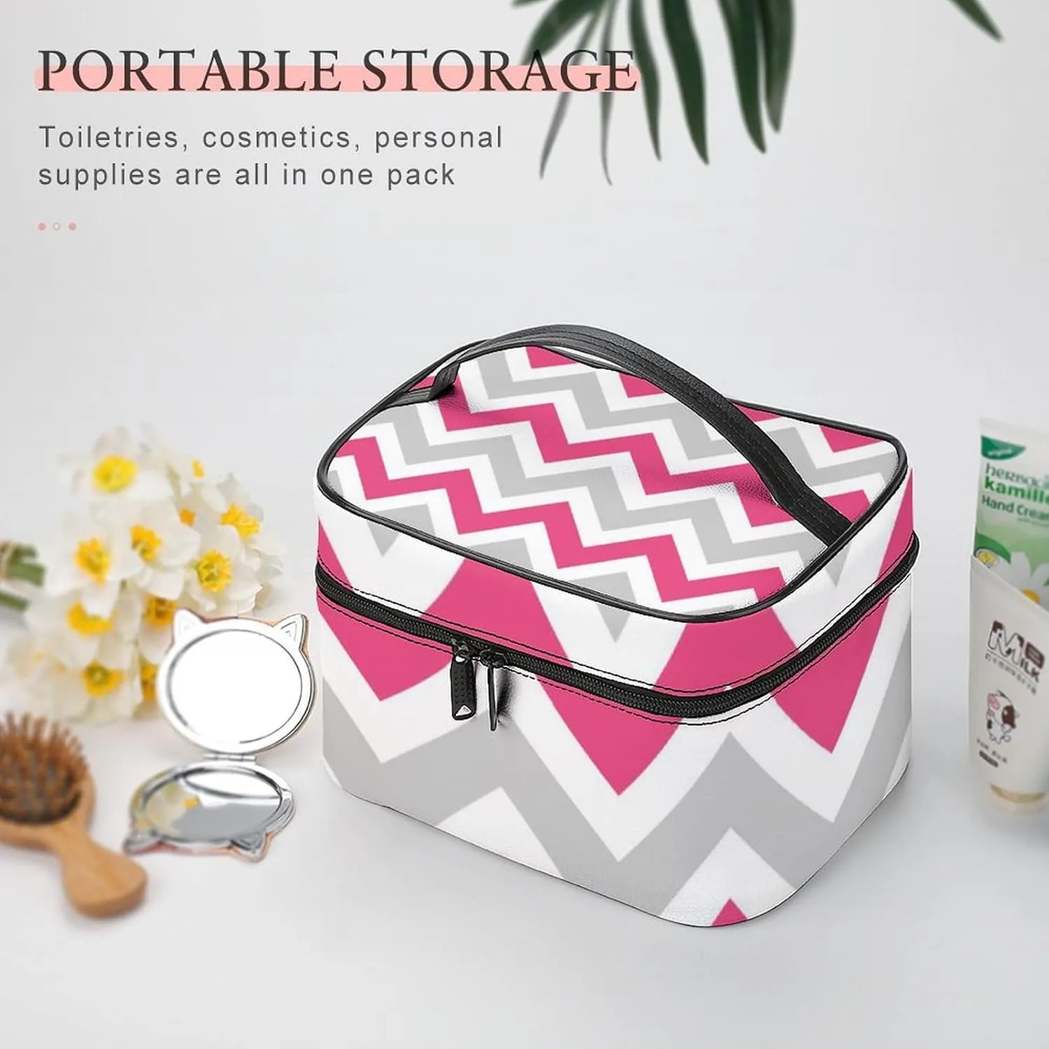 Leather Cosmetic Case, Gray and Hot Pink Chevron Portable Makeup Bag Organizer Large Capacity Travel Toiletry Bag with Zipper