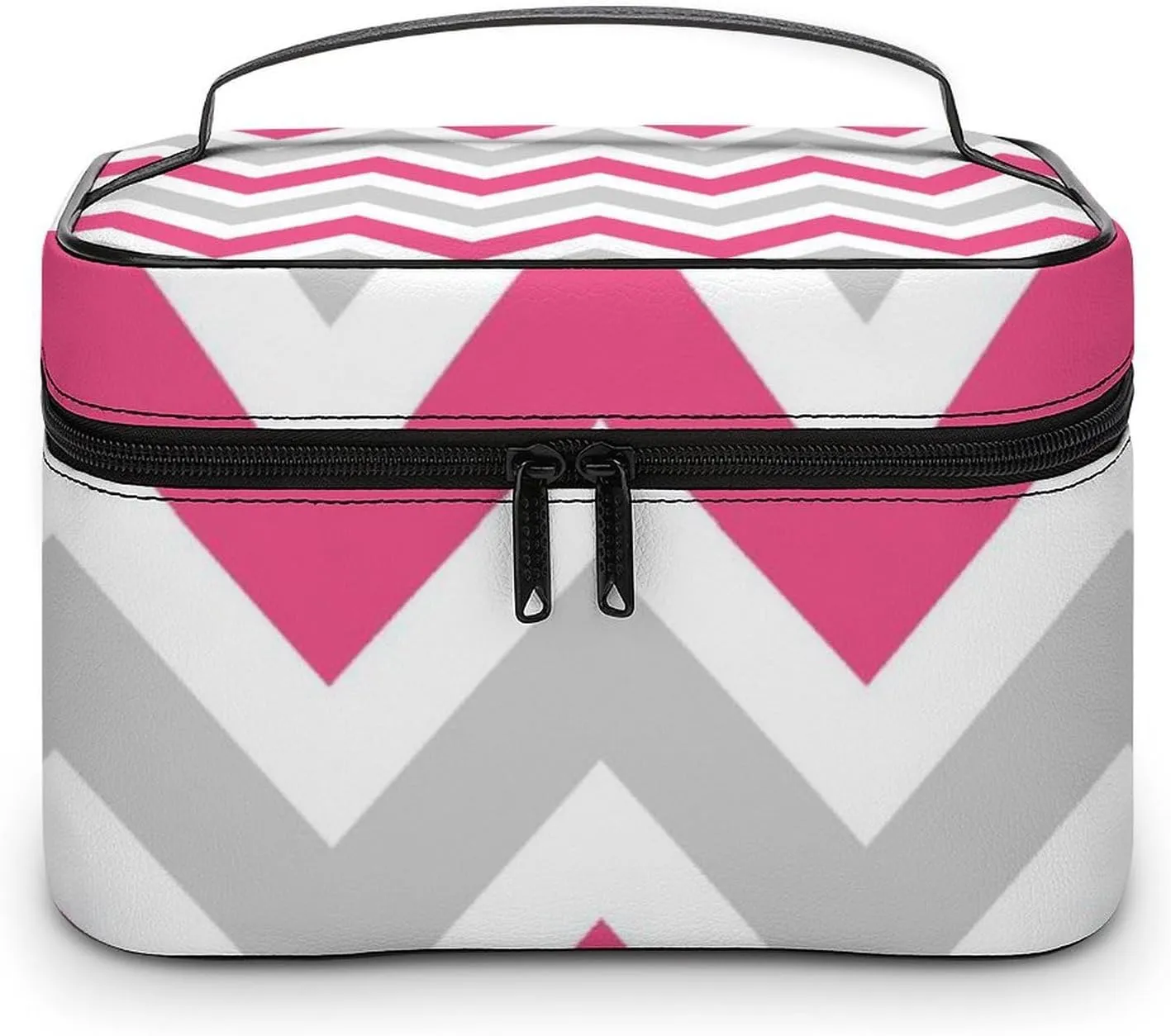 Leather Cosmetic Case, Gray and Hot Pink Chevron Portable Makeup Bag Organizer Large Capacity Travel Toiletry Bag with Zipper
