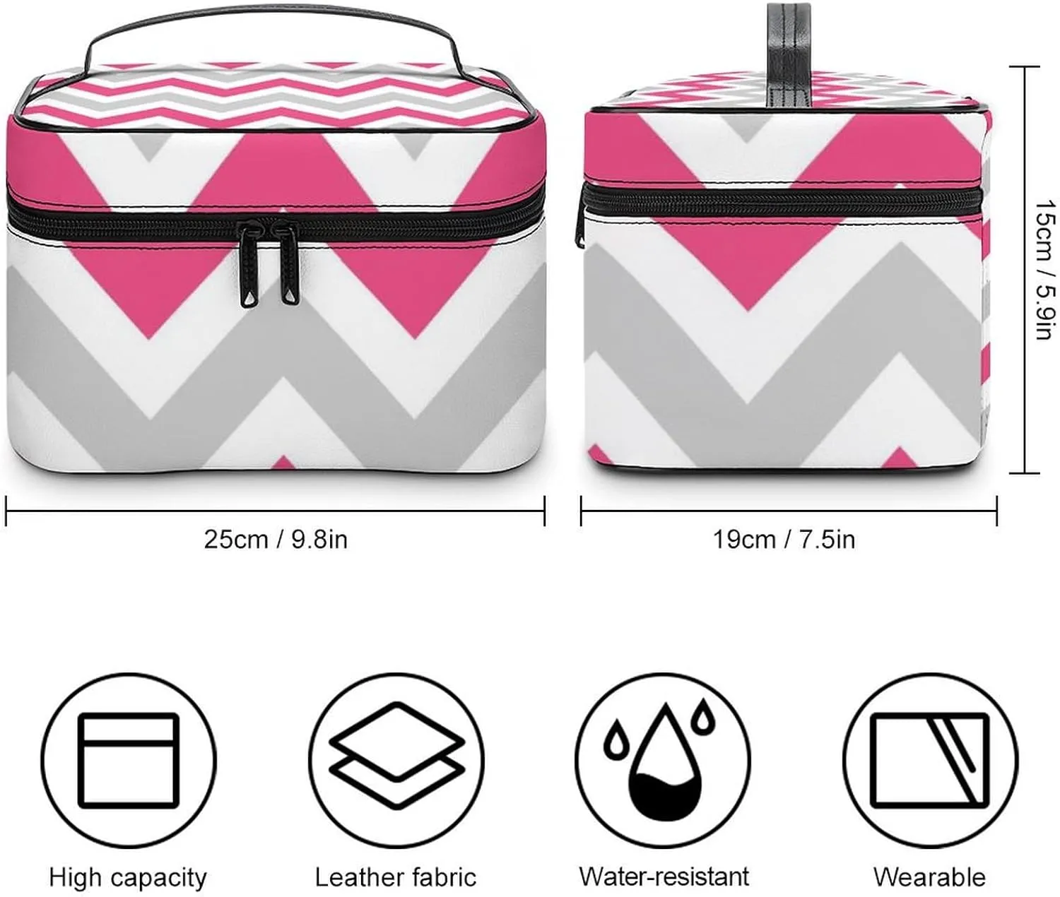 Leather Cosmetic Case, Gray and Hot Pink Chevron Portable Makeup Bag Organizer Large Capacity Travel Toiletry Bag with Zipper
