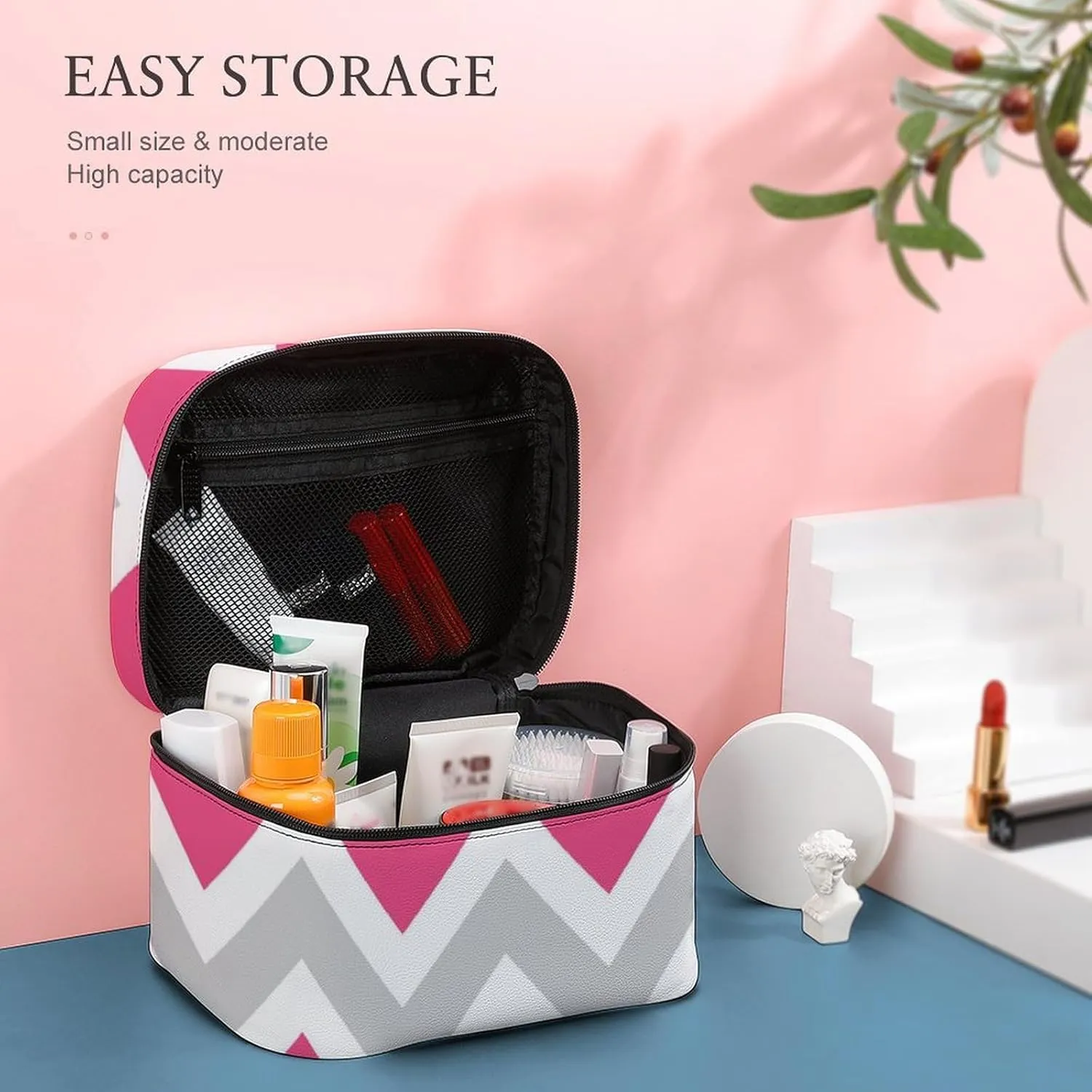 Leather Cosmetic Case, Gray and Hot Pink Chevron Portable Makeup Bag Organizer Large Capacity Travel Toiletry Bag with Zipper