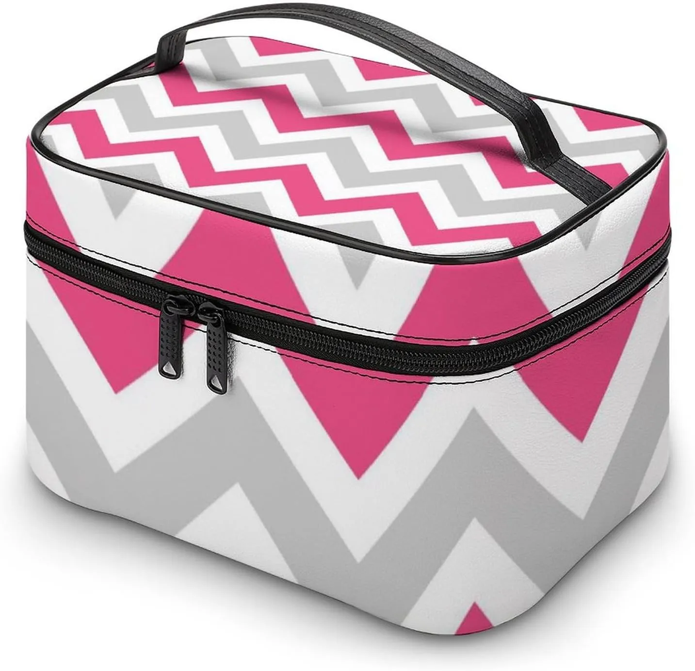 Leather Cosmetic Case, Gray and Hot Pink Chevron Portable Makeup Bag Organizer Large Capacity Travel Toiletry Bag with Zipper