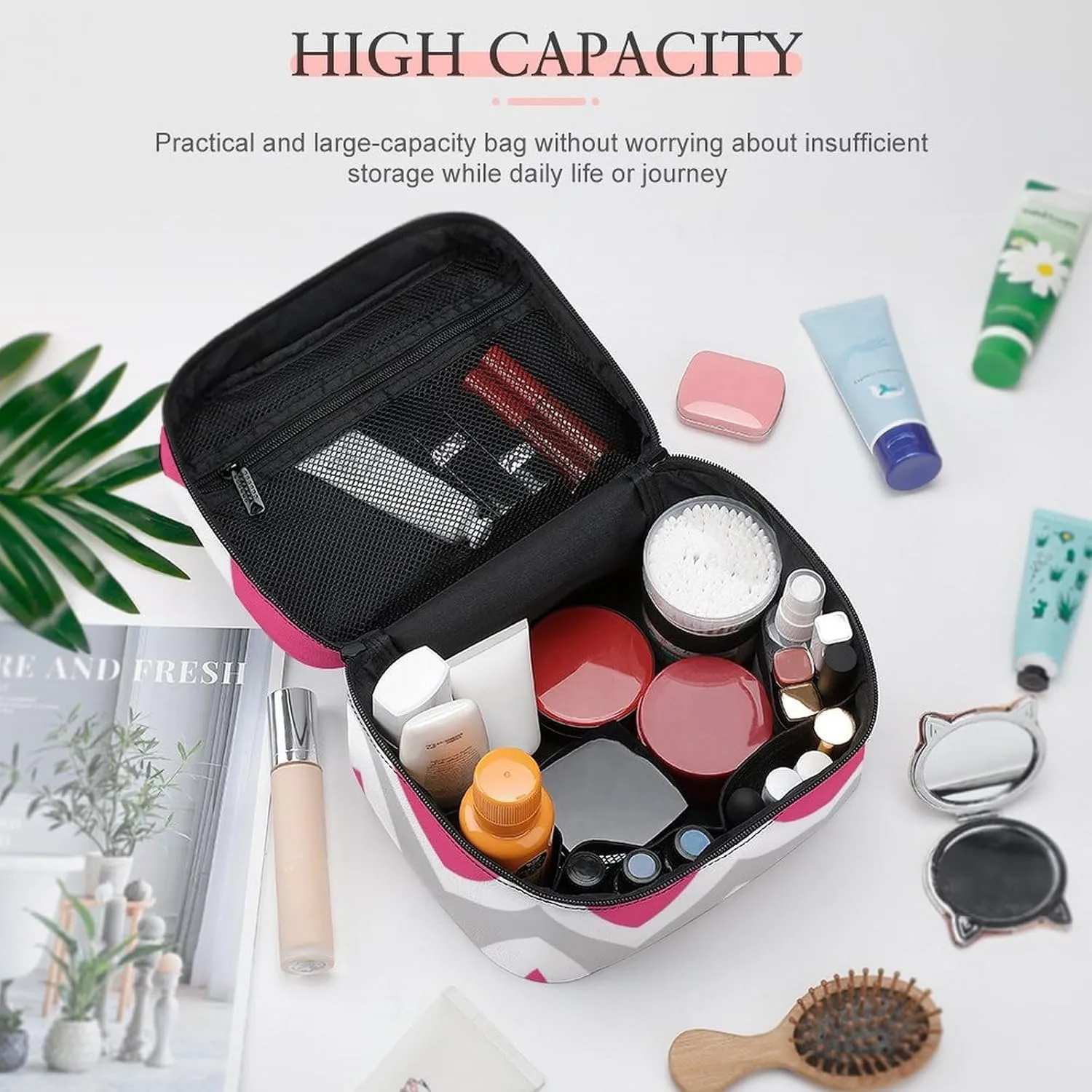 Leather Cosmetic Case, Gray and Hot Pink Chevron Portable Makeup Bag Organizer Large Capacity Travel Toiletry Bag with Zipper