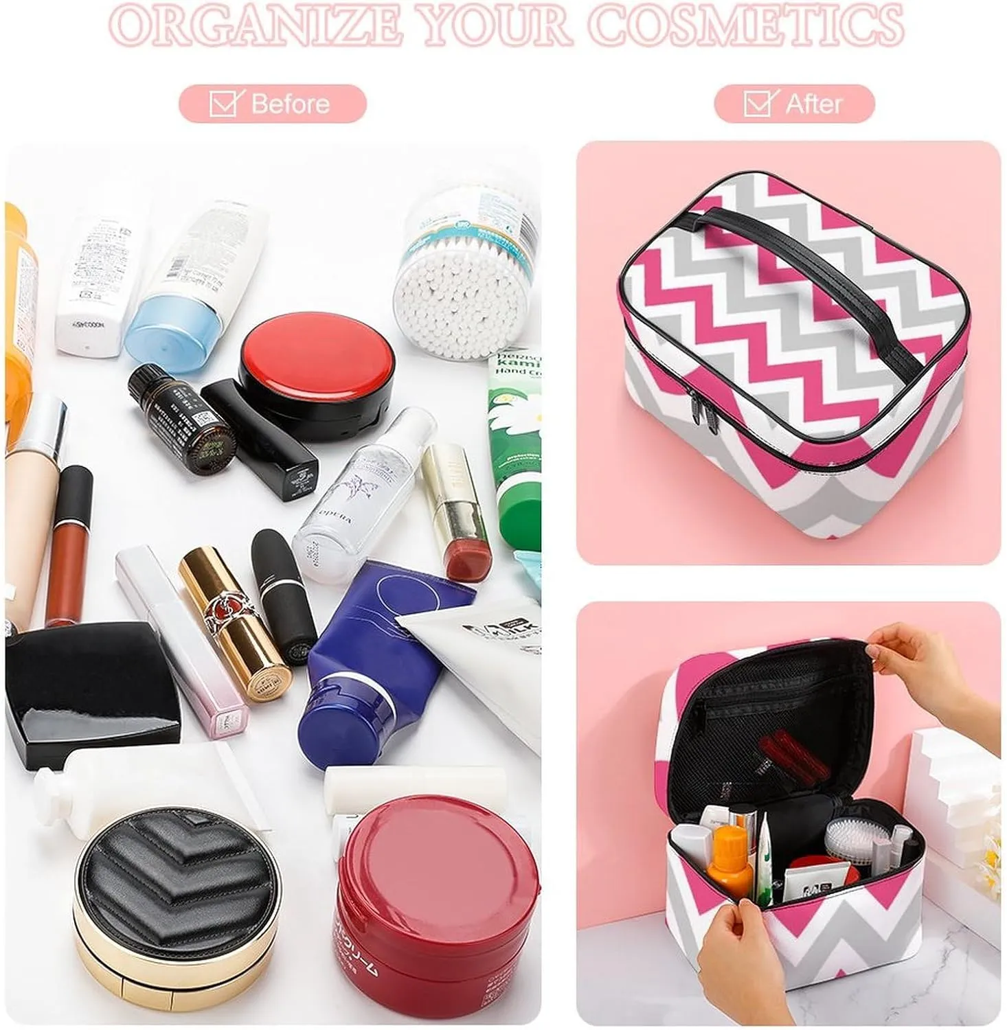 Leather Cosmetic Case, Gray and Hot Pink Chevron Portable Makeup Bag Organizer Large Capacity Travel Toiletry Bag with Zipper