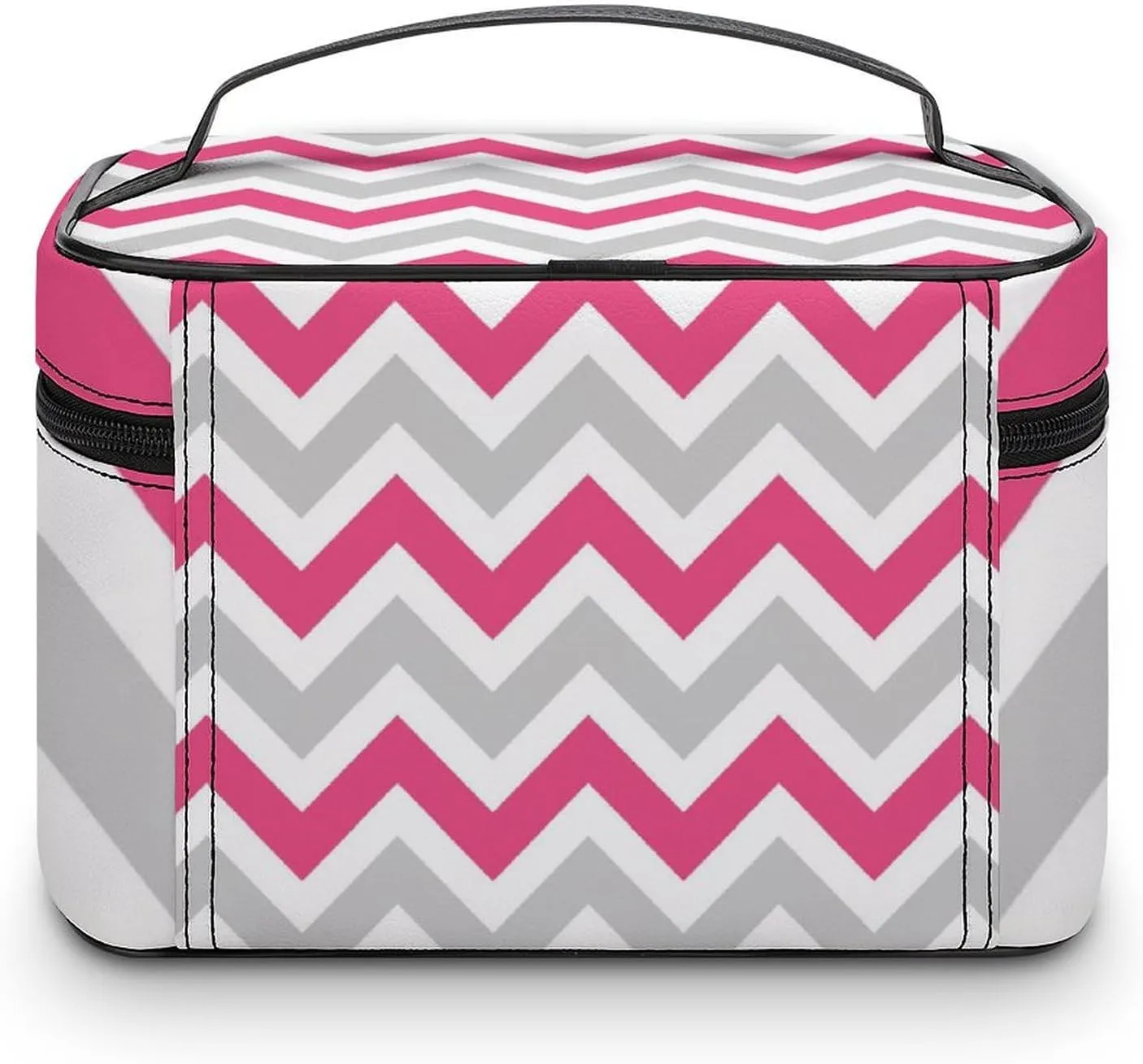 Leather Cosmetic Case, Gray and Hot Pink Chevron Portable Makeup Bag Organizer Large Capacity Travel Toiletry Bag with Zipper