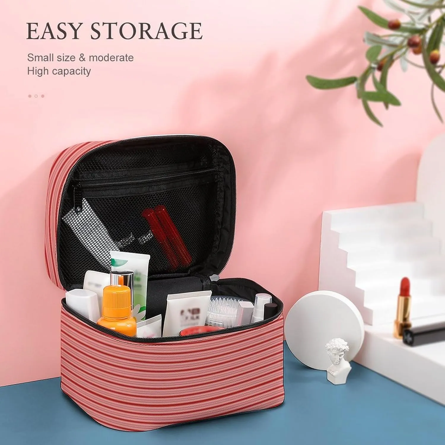 Leather Cosmetic Case, Red Candy Canes, Classic & Fun Striped Portable Makeup Bag Organizer Large Capacity Travel Toiletry Bag with Zipper