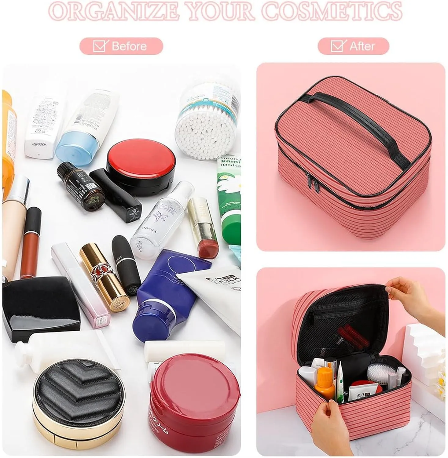 Leather Cosmetic Case, Red Candy Canes, Classic & Fun Striped Portable Makeup Bag Organizer Large Capacity Travel Toiletry Bag with Zipper