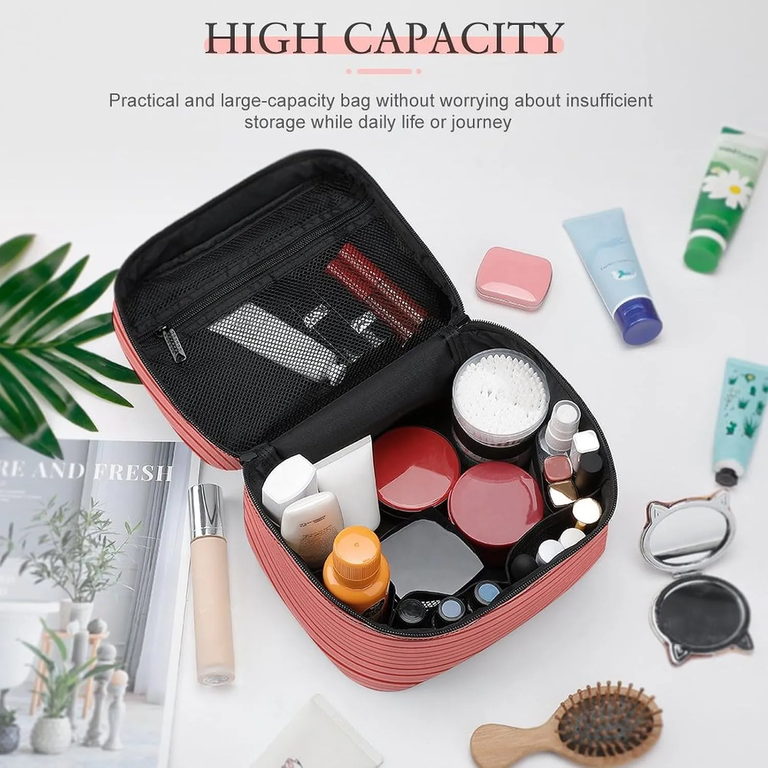 Leather Cosmetic Case, Red Candy Canes, Classic & Fun Striped Portable Makeup Bag Organizer Large Capacity Travel Toiletry Bag with Zipper