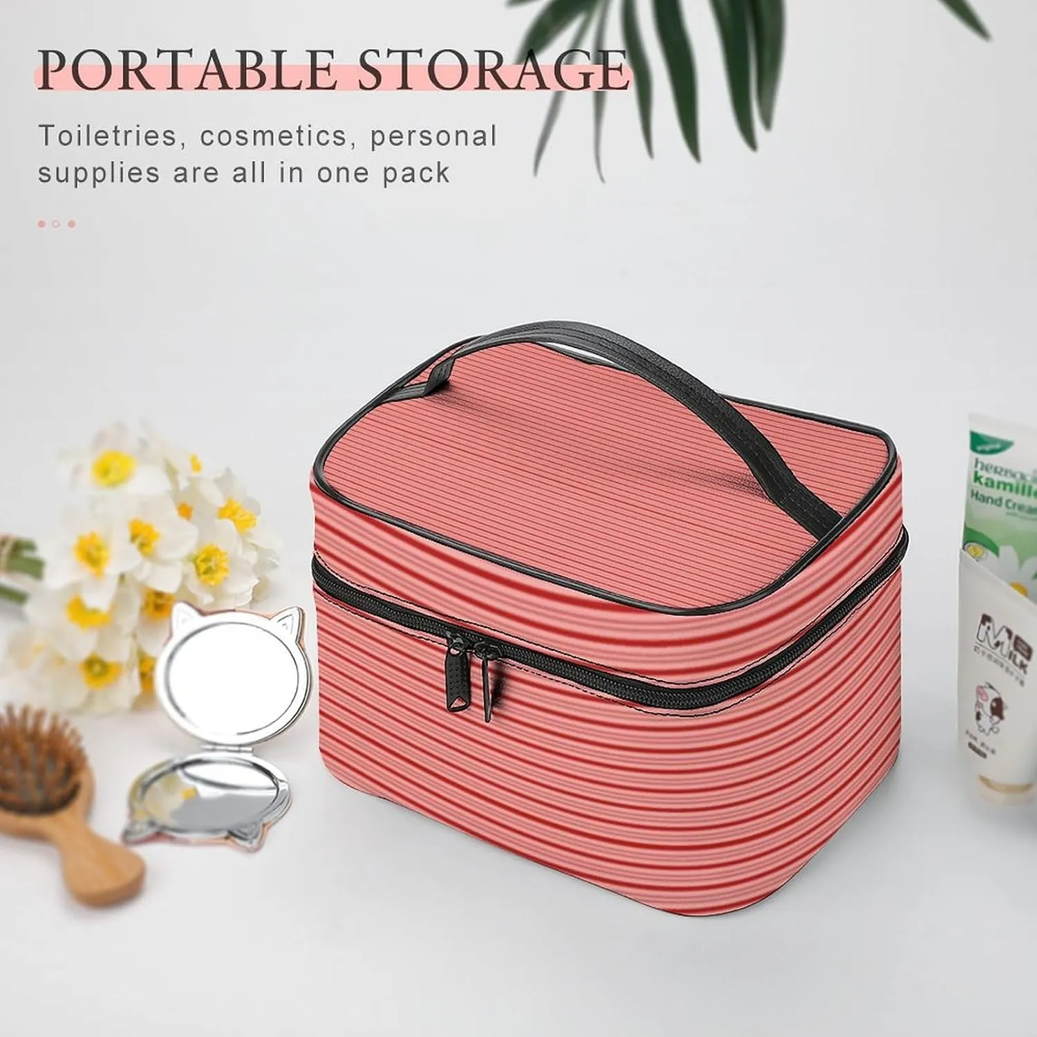 Leather Cosmetic Case, Red Candy Canes, Classic & Fun Striped Portable Makeup Bag Organizer Large Capacity Travel Toiletry Bag with Zipper