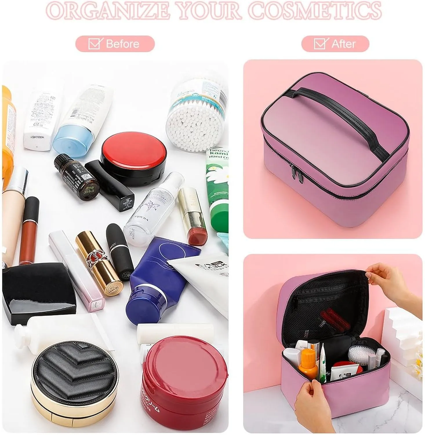 Leather Cosmetic Case, Rose Gold Pink Portable Makeup Bag Organizer Large Capacity Travel Toiletry Bag with Zipper