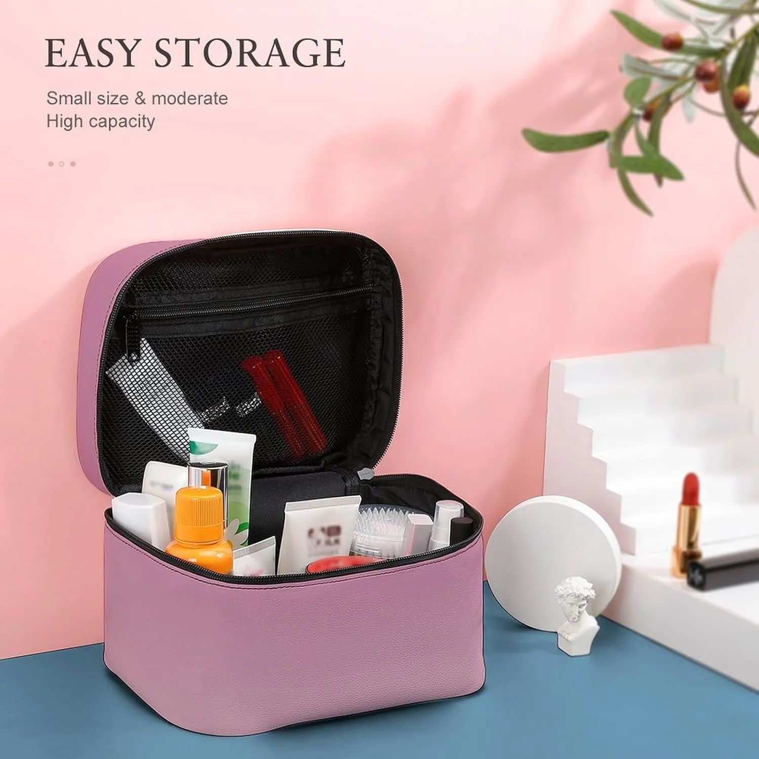 Leather Cosmetic Case, Rose Gold Pink Portable Makeup Bag Organizer Large Capacity Travel Toiletry Bag with Zipper