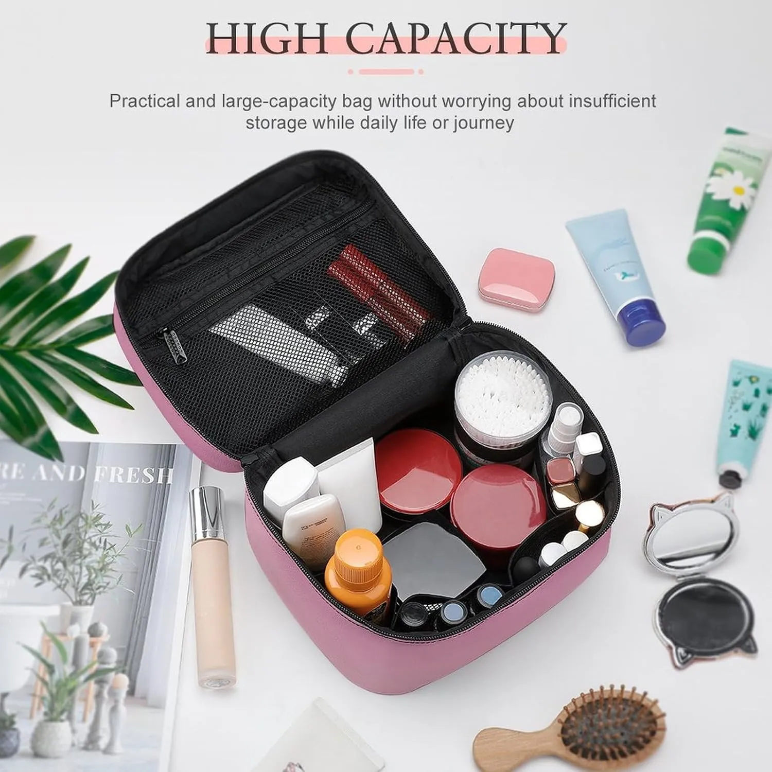Leather Cosmetic Case, Rose Gold Pink Portable Makeup Bag Organizer Large Capacity Travel Toiletry Bag with Zipper