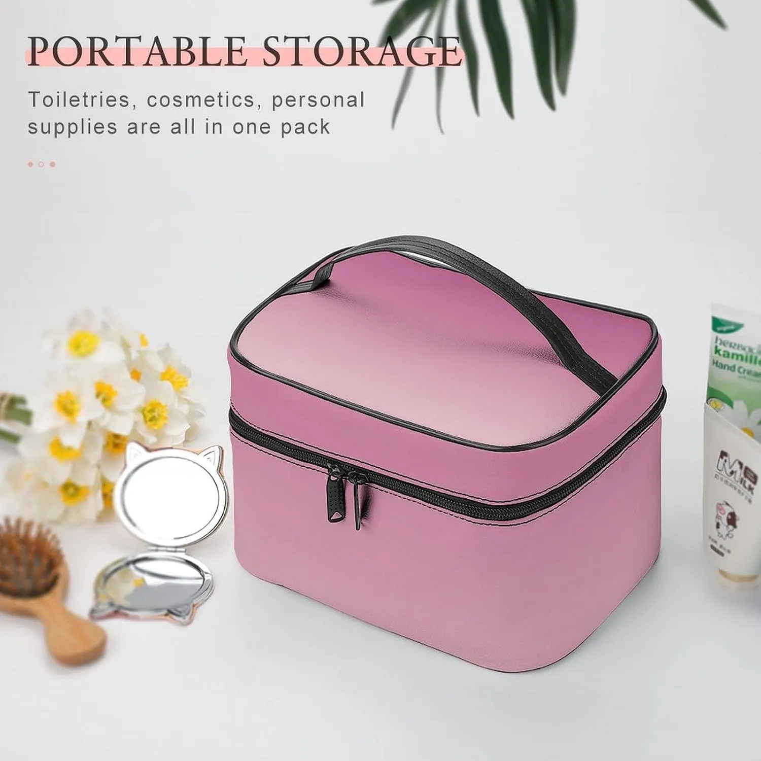 Leather Cosmetic Case, Rose Gold Pink Portable Makeup Bag Organizer Large Capacity Travel Toiletry Bag with Zipper