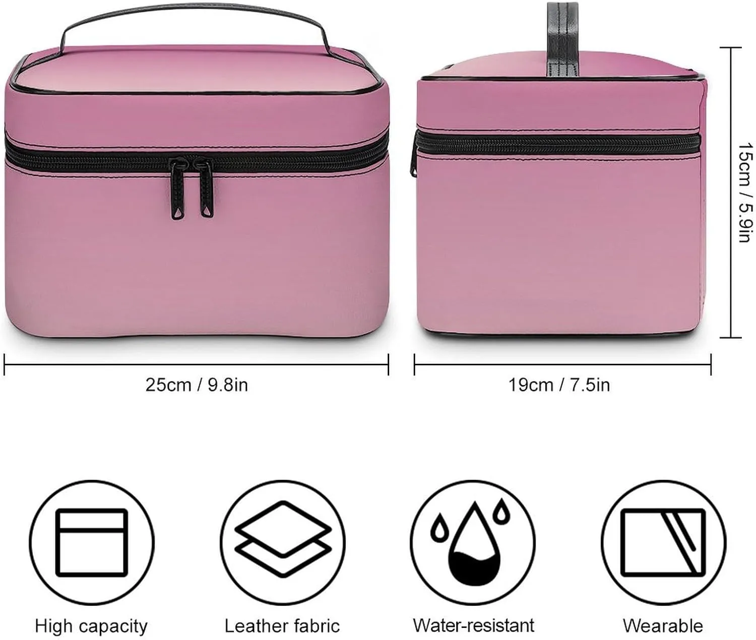 Leather Cosmetic Case, Rose Gold Pink Portable Makeup Bag Organizer Large Capacity Travel Toiletry Bag with Zipper
