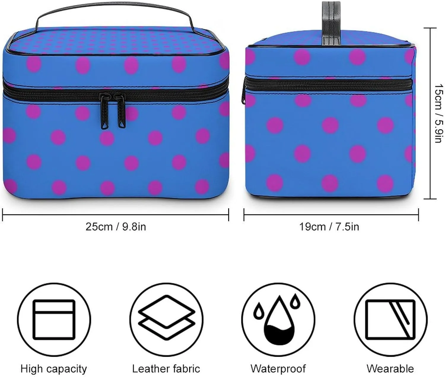 Leather Portable Makeup Bag, Bright Pink Polka Dots on Royal Blue Cosmetic Bag Makeup Organizer Case Large Capacity Travel Toiletry Bag with Zipper