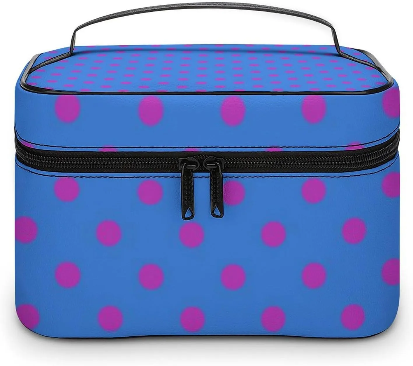 Leather Portable Makeup Bag, Bright Pink Polka Dots on Royal Blue Cosmetic Bag Makeup Organizer Case Large Capacity Travel Toiletry Bag with Zipper