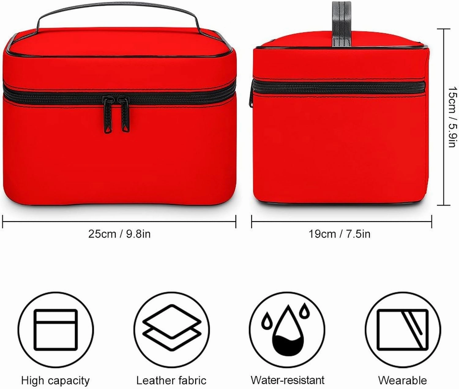 Leather Cosmetic Case, Bright Red Solid Color Portable Makeup Bag Organizer Large Capacity Travel Toiletry Bag with Zipper