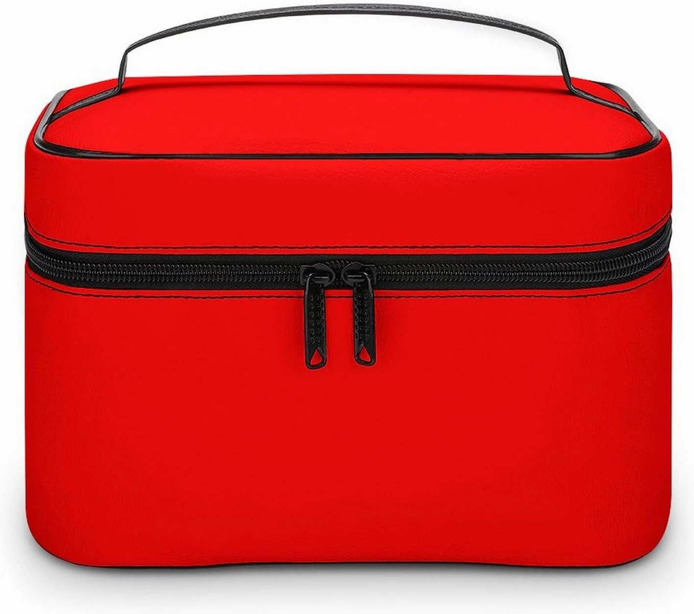 Leather Cosmetic Case, Bright Red Solid Color Portable Makeup Bag Organizer Large Capacity Travel Toiletry Bag with Zipper
