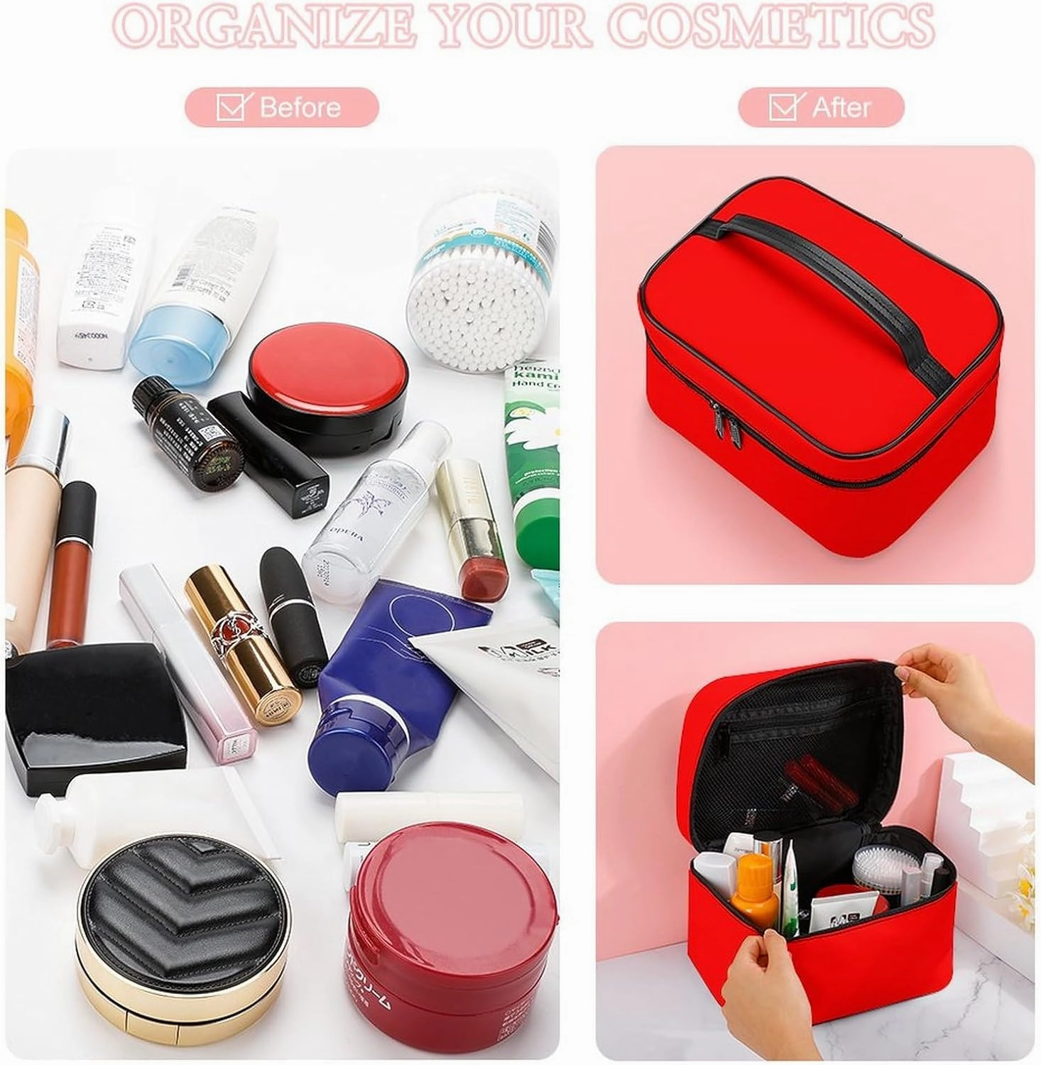 Leather Cosmetic Case, Bright Red Solid Color Portable Makeup Bag Organizer Large Capacity Travel Toiletry Bag with Zipper