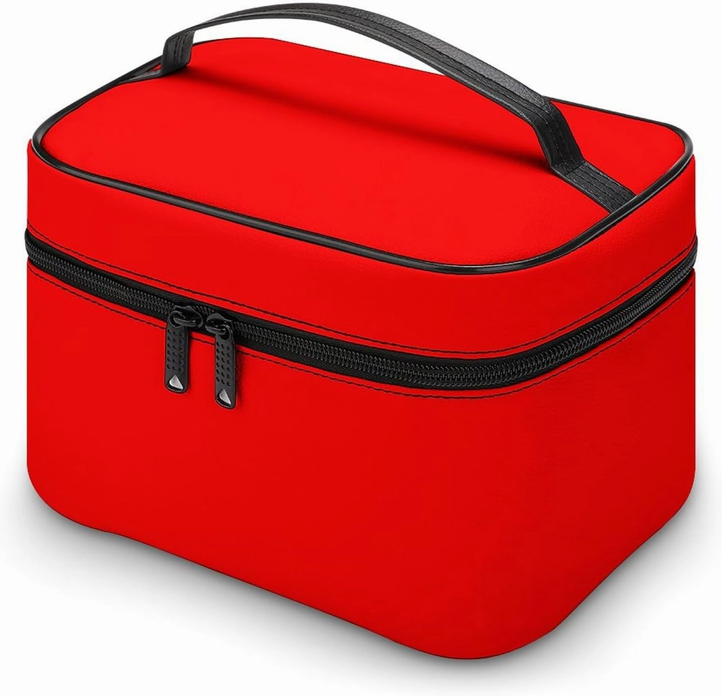 Leather Cosmetic Case, Bright Red Solid Color Portable Makeup Bag Organizer Large Capacity Travel Toiletry Bag with Zipper
