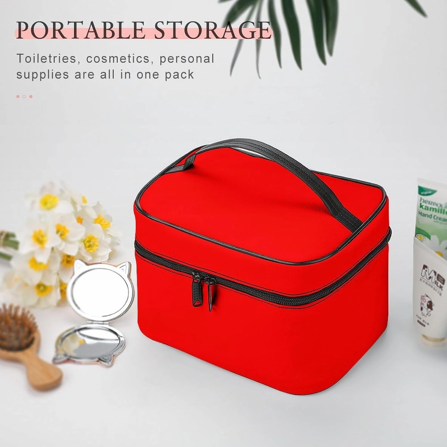 Leather Cosmetic Case, Bright Red Solid Color Portable Makeup Bag Organizer Large Capacity Travel Toiletry Bag with Zipper