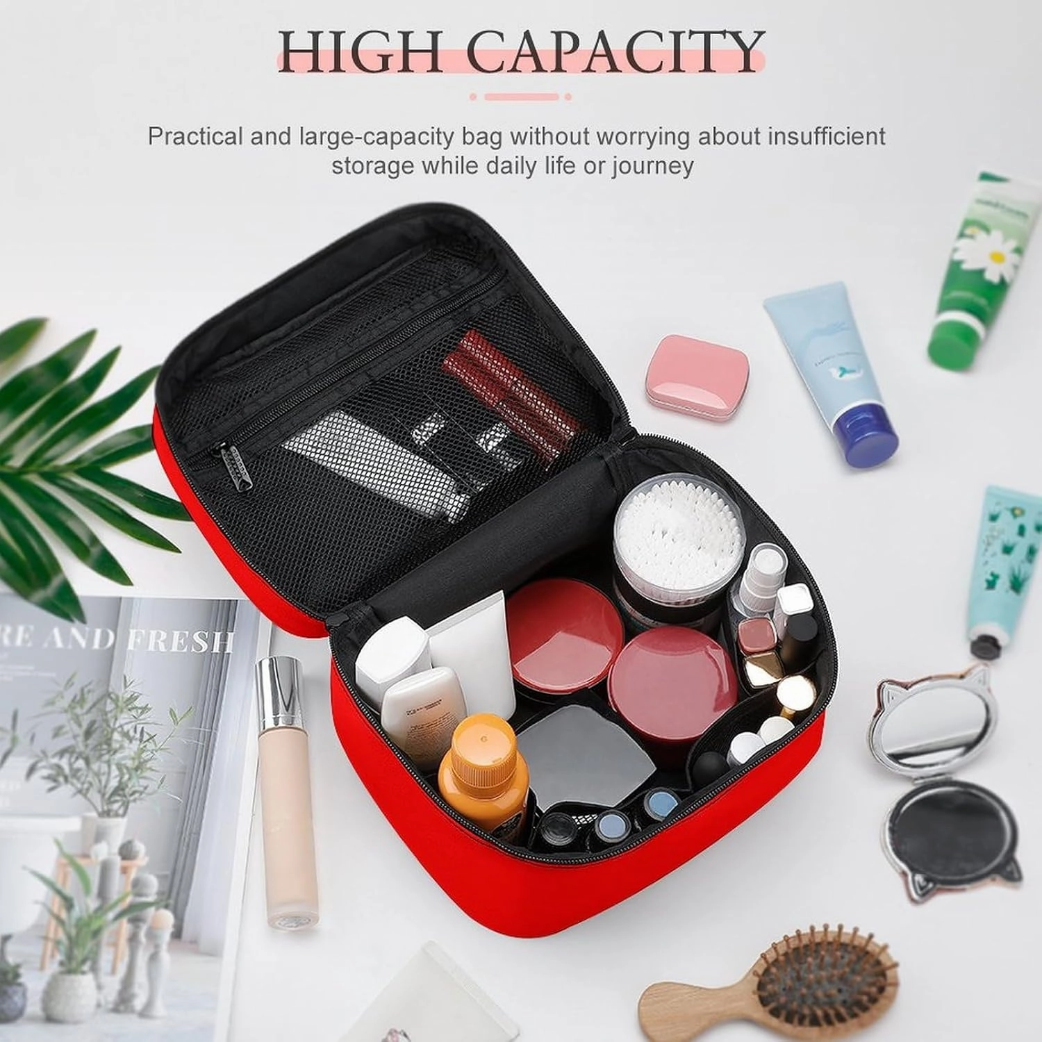 Leather Cosmetic Case, Bright Red Solid Color Portable Makeup Bag Organizer Large Capacity Travel Toiletry Bag with Zipper