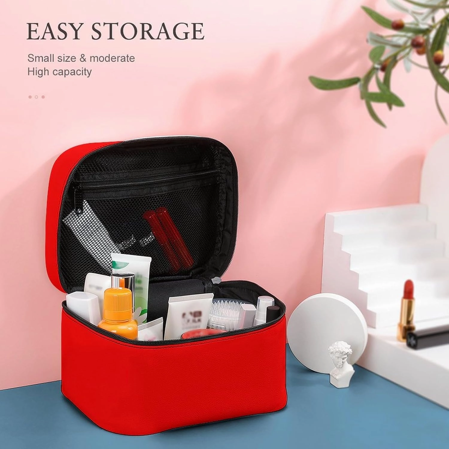 Leather Cosmetic Case, Bright Red Solid Color Portable Makeup Bag Organizer Large Capacity Travel Toiletry Bag with Zipper
