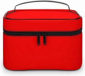 Leather Cosmetic Case, Bright Red Solid Color Portable Makeup Bag Organizer Large Capacity Travel Toiletry Bag with Zipper