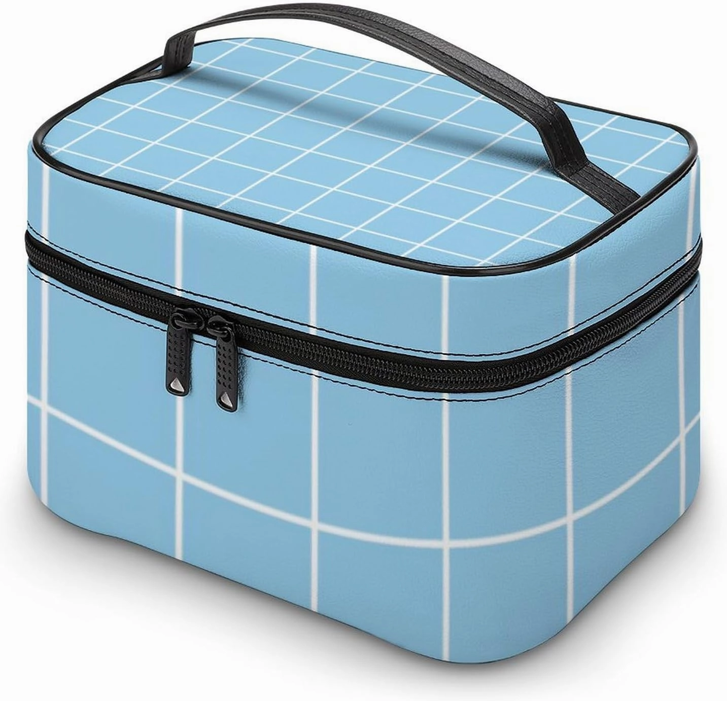 Leather Cosmetic Case, Light Blue Retro Portable Makeup Bag Organizer Large Capacity Travel Toiletry Bag with Zipper