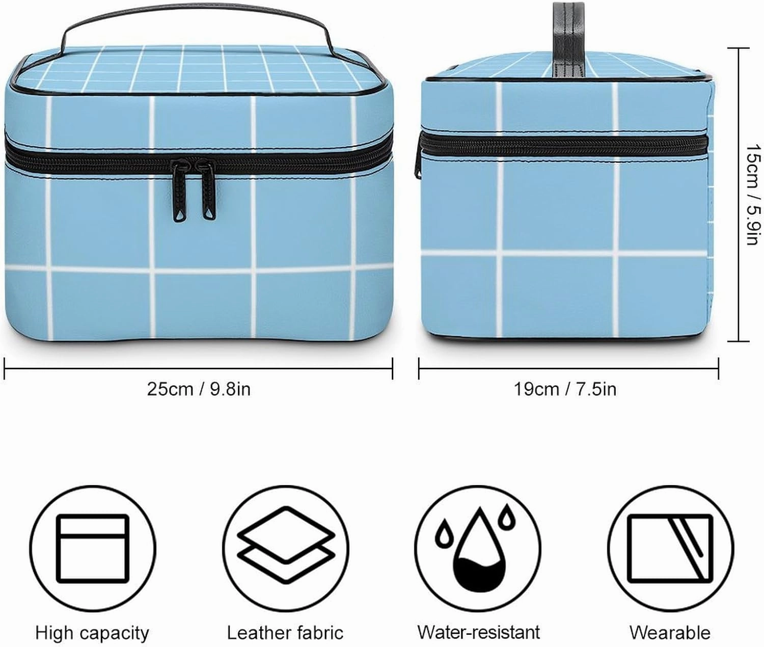 Leather Cosmetic Case, Light Blue Retro Portable Makeup Bag Organizer Large Capacity Travel Toiletry Bag with Zipper