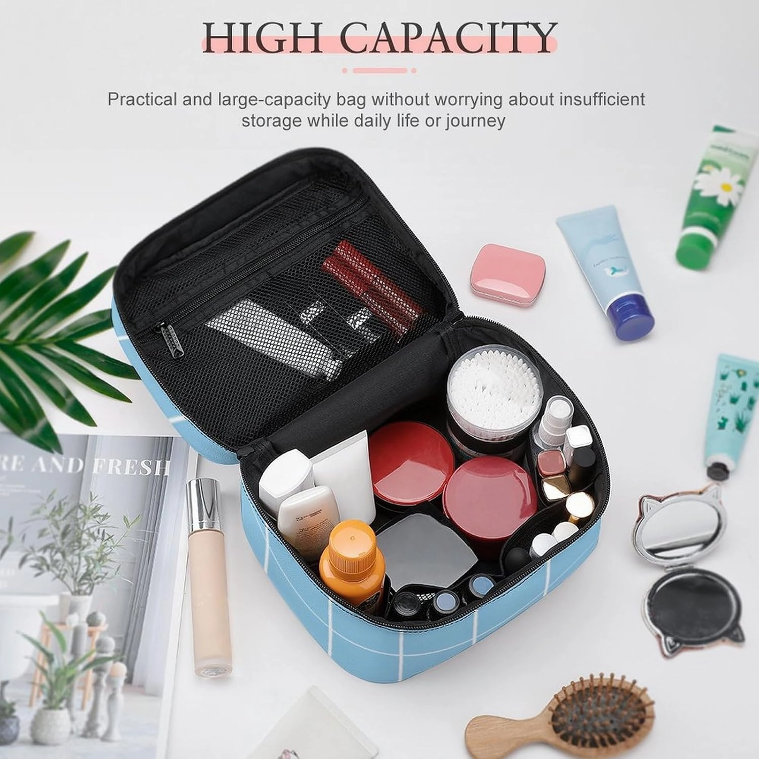 Leather Cosmetic Case, Light Blue Retro Portable Makeup Bag Organizer Large Capacity Travel Toiletry Bag with Zipper
